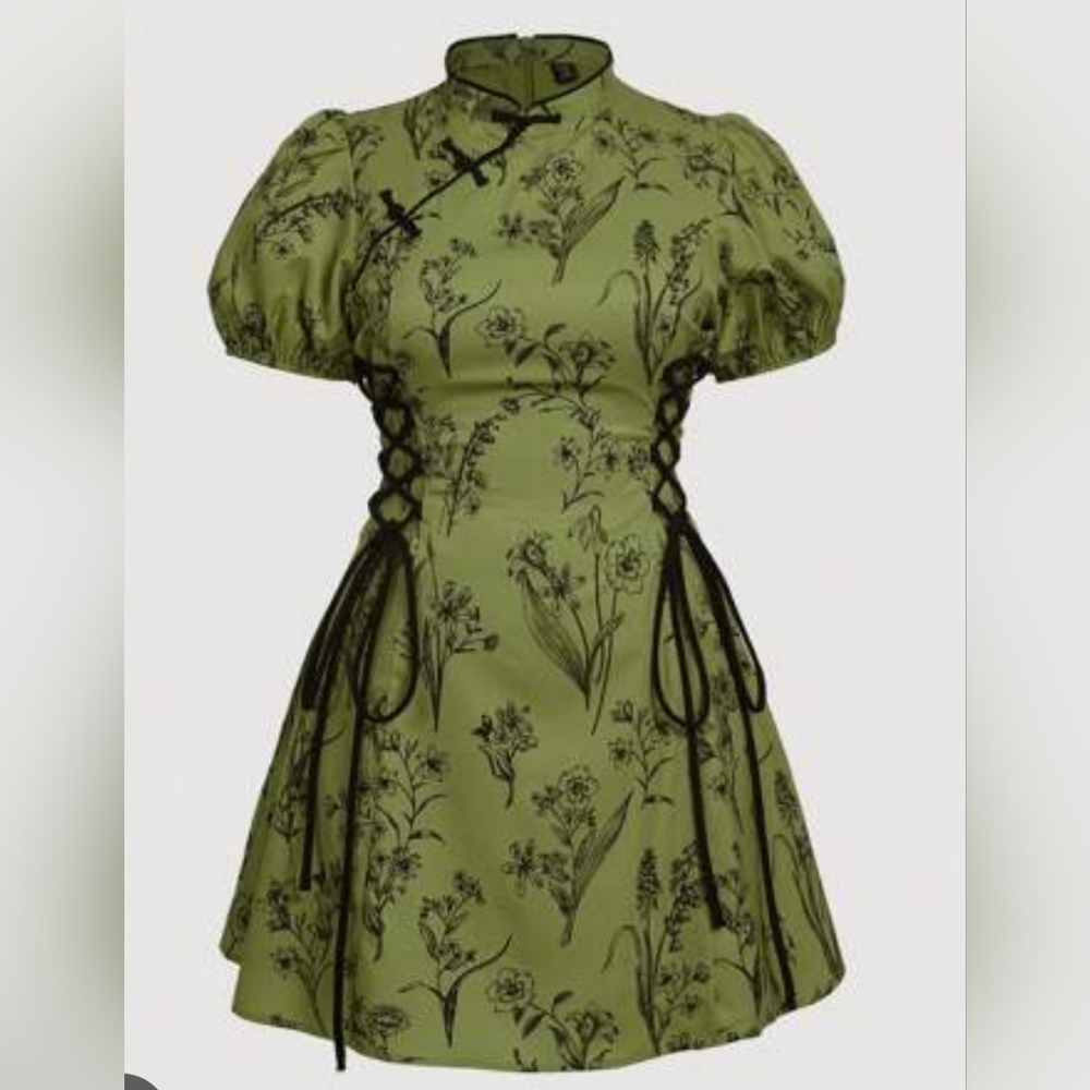 SHEIN Olive Floral Mini Dress with Black Ties